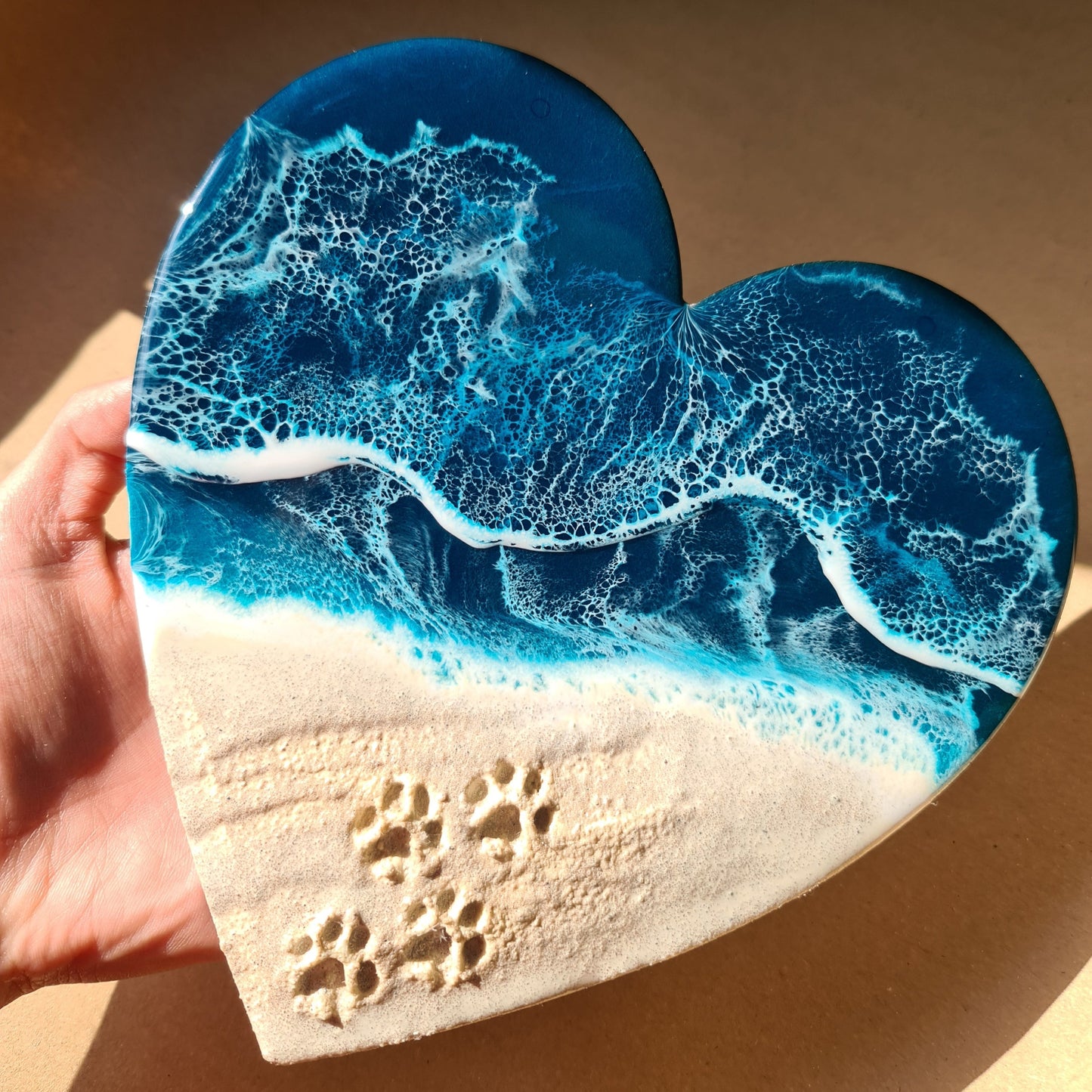 Ocean Heart-shaped Wall Art with Paw Prints with ashes (Made to Order)