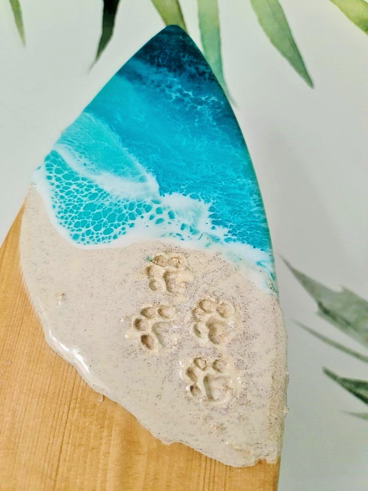 Surfboard Wall Art or Bottle Opener with beach & paw prints (Made to Order)