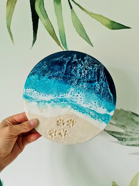 Ocean Circle-shaped Wall Art with Paw Prints (Made to Order)